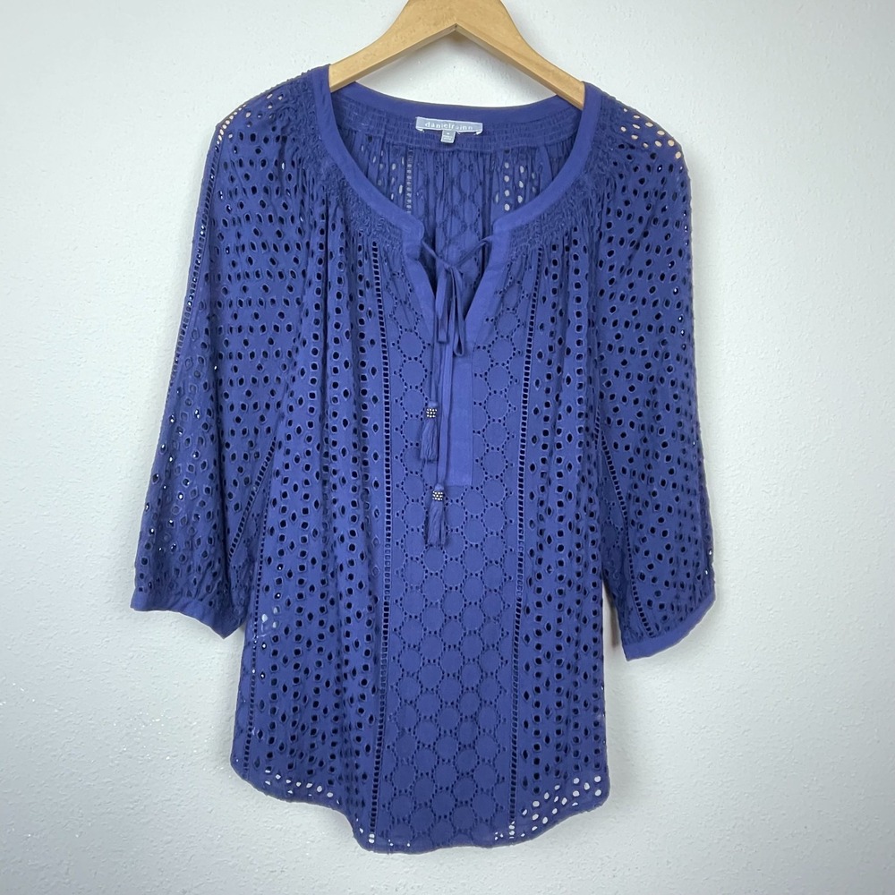 Daniel Rainn Blue Eyelet Boho Tassel Tie Top Size M Lined Coastal Fairycore‎